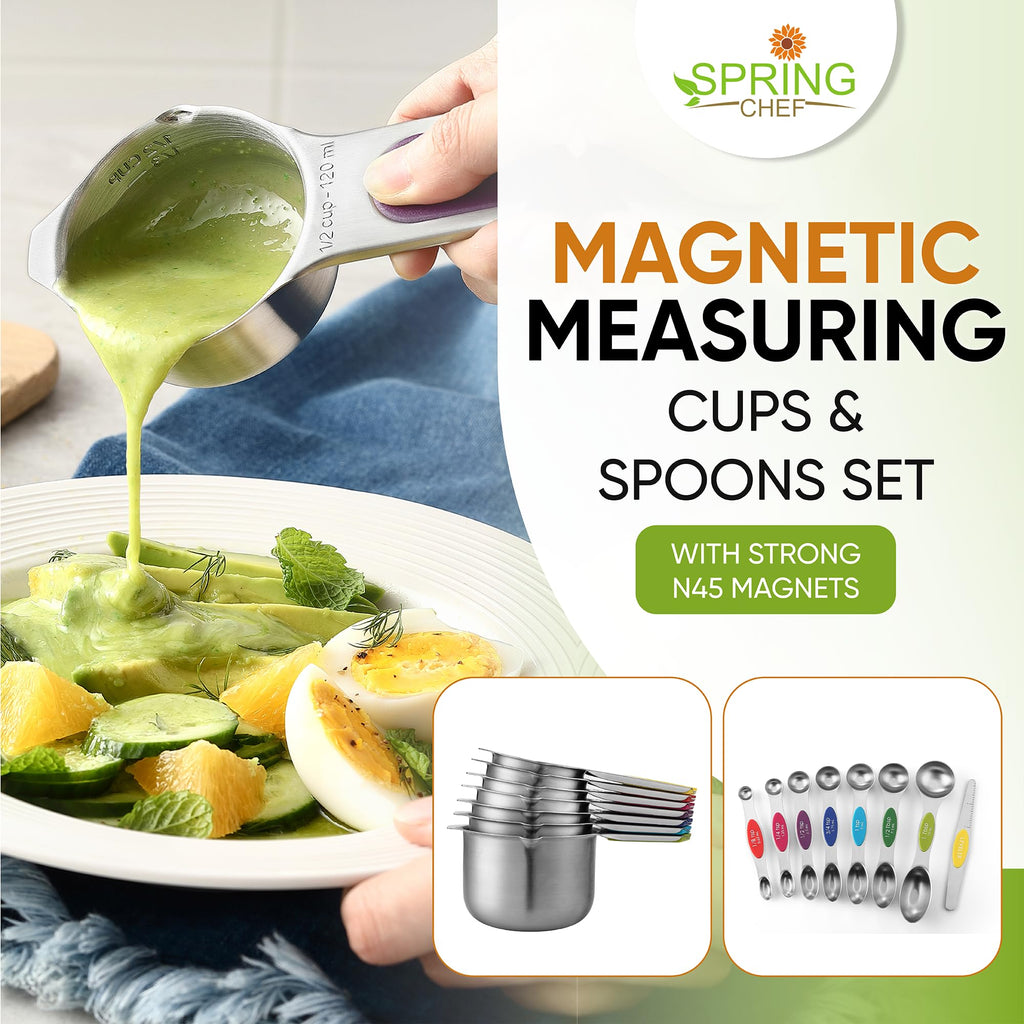 Spring Chef Magnetic Measuring Cups & Spoons Set, Patented, Strong N45 Magnets, Heavy Duty Stainless Steel Fits in Spice Jars for Baking & Cooking, BPA Free, Round Set of 15 with Leveler, Black