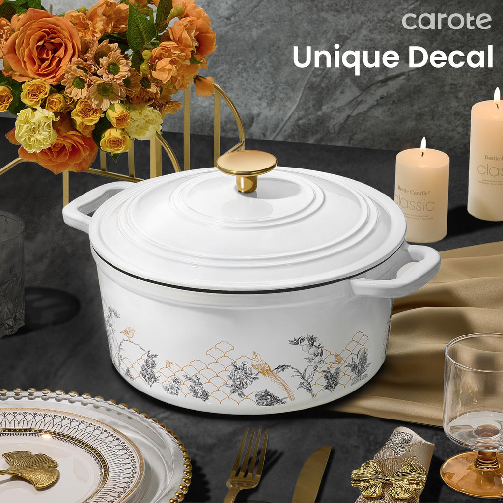 CAROTE 5 QT Cast Iron Dutch Oven Pot with Lid, Enameled Floral Dutch Ovens with Cotton Potholders & Oven Gloves, Gift Box, Cast Iron Pot for Sourdough Bread Baking, Braising, Stews, Roasting, Dual Handles, All Stovetop Compatible, Oven Safe up to 500° F,