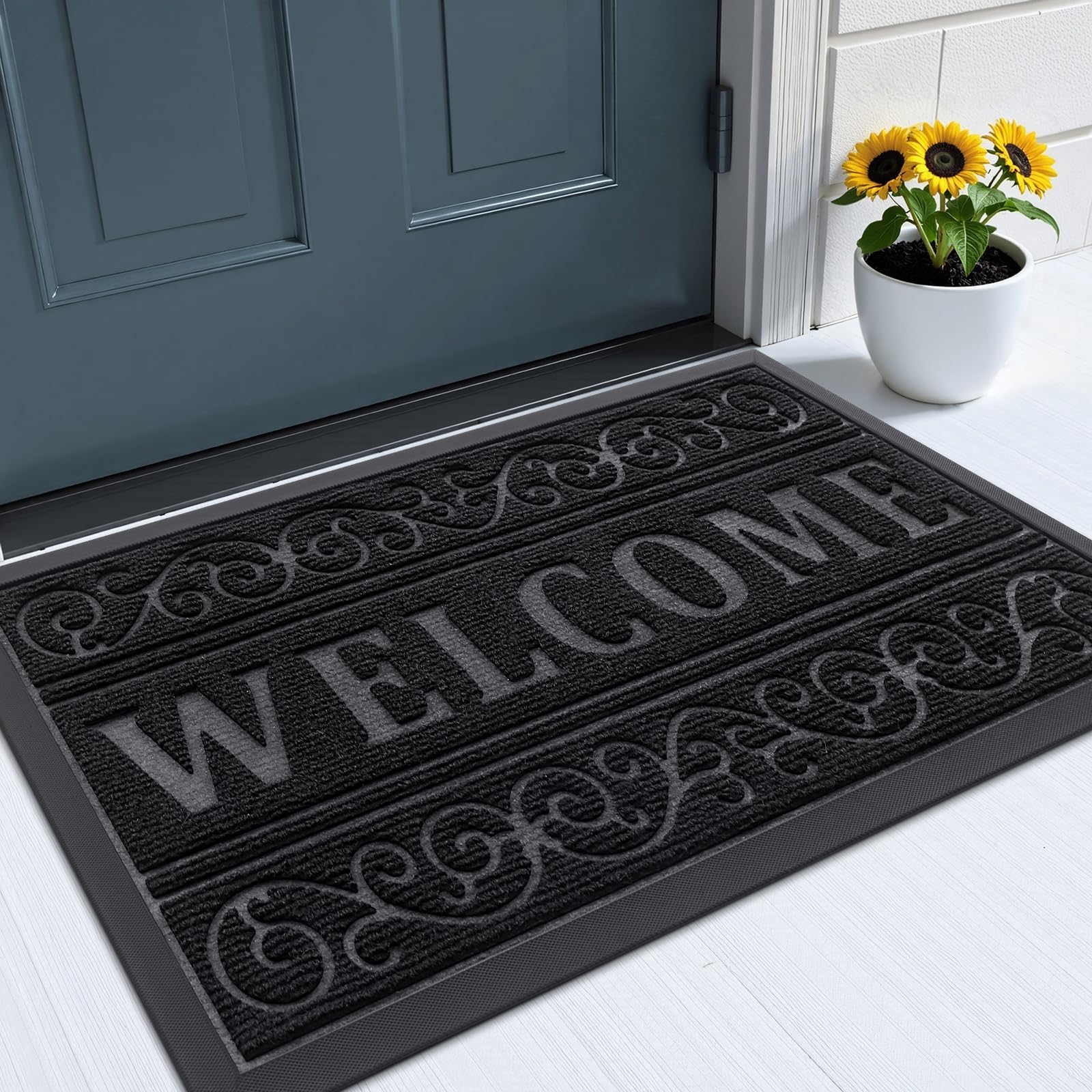 OLANLY Front Door Mat Outside Entrance 29.5x17, Absorbent, Heavy Duty Sturdy Natural Rubber Doormat Indoor Outdoor, Stain and Fade Resistant, Non-Slip Backing Low Profile Floor Mat for Entryway, Grey