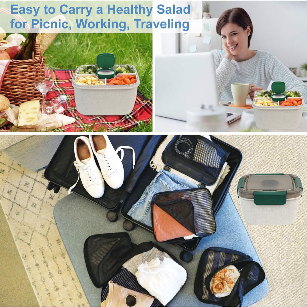 Freshmage Salad Lunch Container To Go, 52-oz Salad Bowls with 3 Compartments, Salad Dressings Container for Salad Toppings, Snacks, Men, Women (Blue)