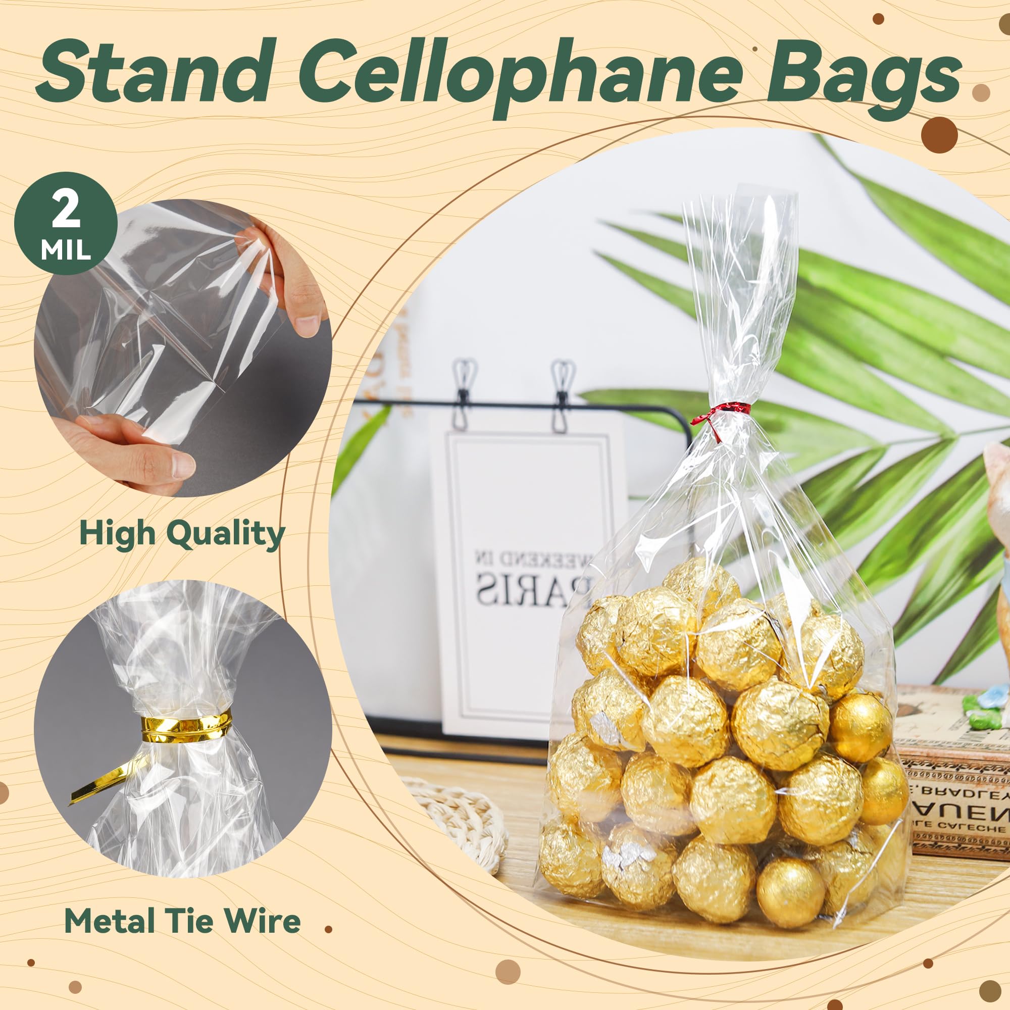 NPLUX 100 Pack Cellophane Bags Clear Flat Bottom Cellophane Treat Bags Gusseted with 100 Pack Twist Ties for Candy Popcorn Cookie Small Gift Wrapping(6×9×2.4 Inches)