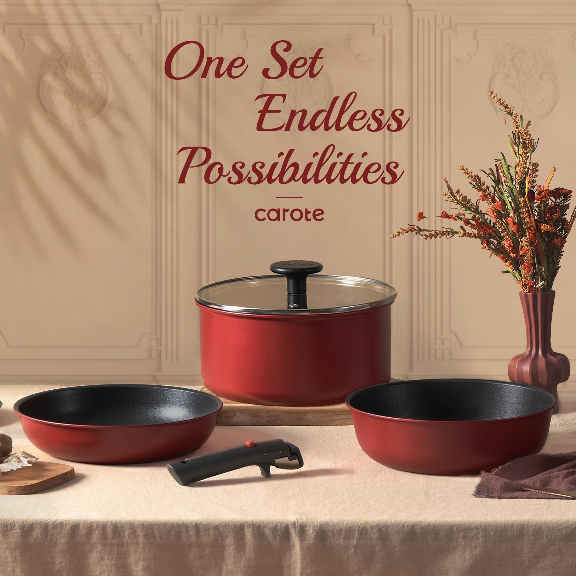 CAROTE 17pcs Pots and Pans Set, Nonstick Cookware Set Detachable Handle, Induction Kitchen Cookware Sets Non Stick with Removable Handle, RV Cookware Set, Oven Safe