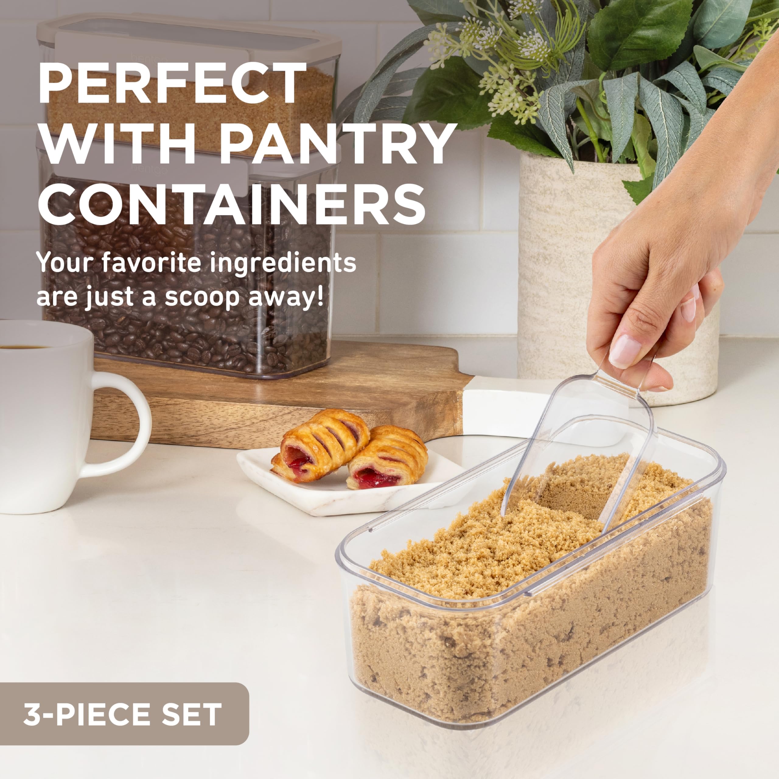 Bentgo Pantry - 3-Piece All Purpose Scoop Set, 1/2 Cup (4 oz) Spoon, Clear & Lightweight, Ideal for Scooping Flour, Sugar, Coffee, Candy, & More for Kitchen and Pantry Containers (Clear)