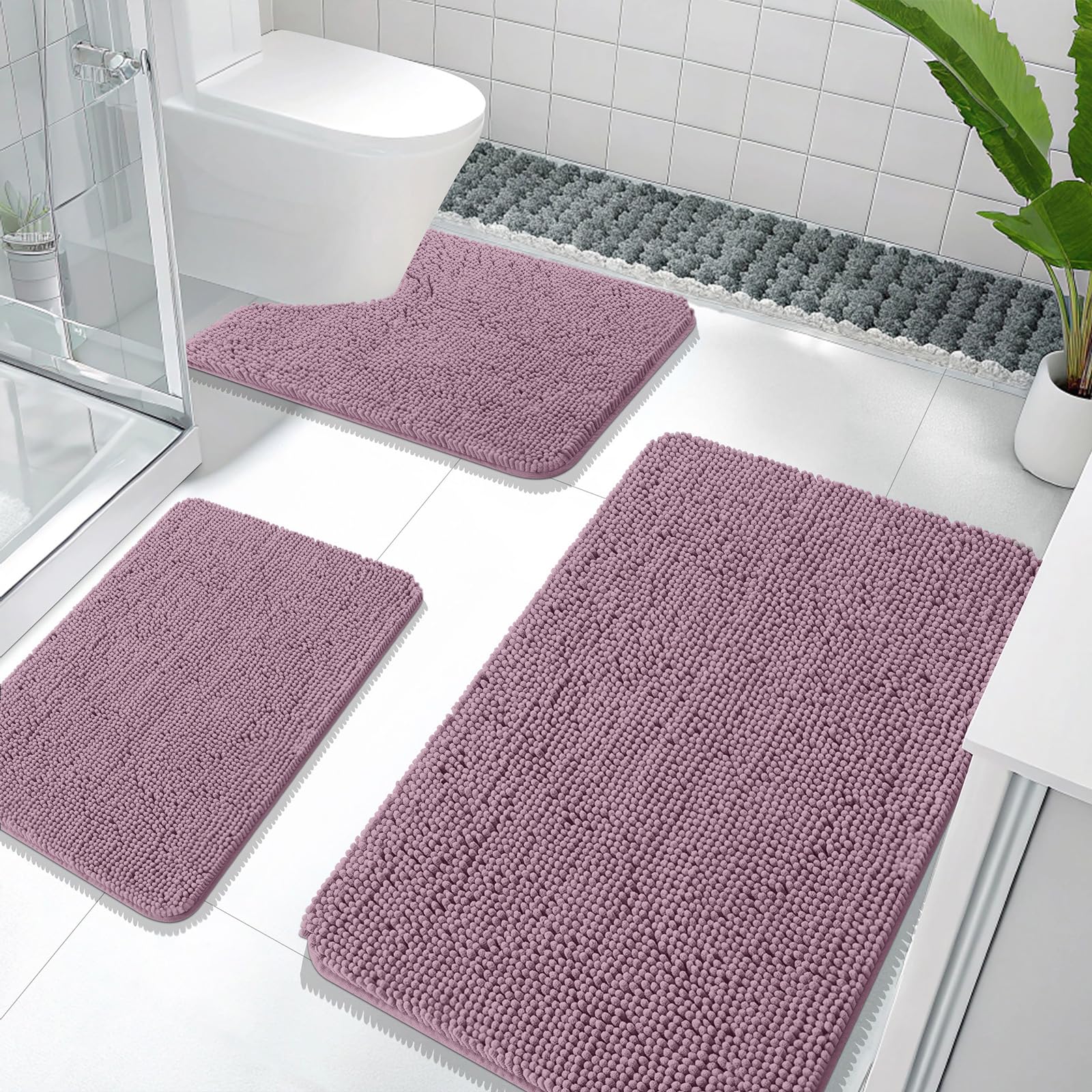 OLANLY Bathroom Rugs Sets 3 Piece, Soft Absorbent Chenille Bath Mats and U-Shaped Contour Toilet Rug, Quick Dry, Home Decor Accessories, Bath Mat Set for Bathroom (30"x20"+24"x16"+24"x20", Grey)