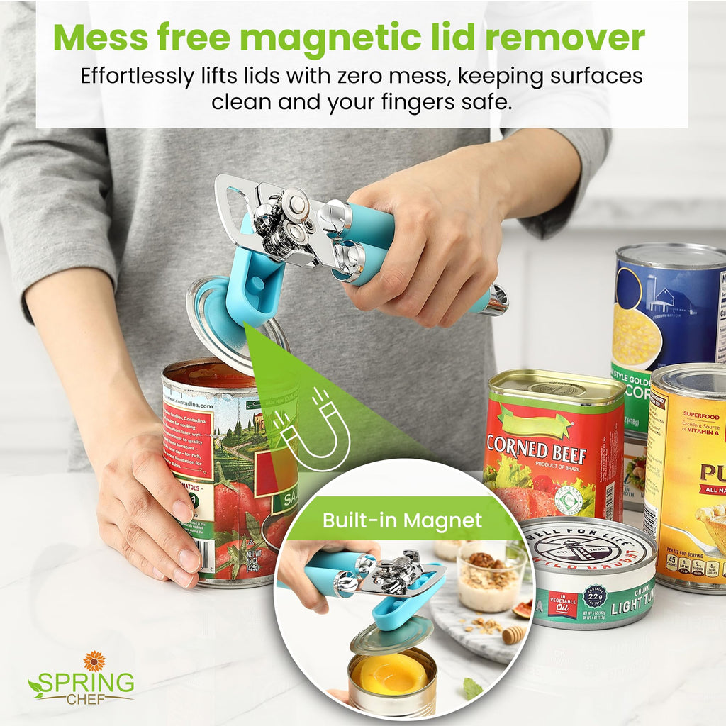 Spring Chef Stainless Steel Can Opener - Manual with Soft Grip Handles, Easy Turn, Heavy Duty Hand Can Openers for Seniors with Smooth Edge - Magnetic Lid Remover - Black