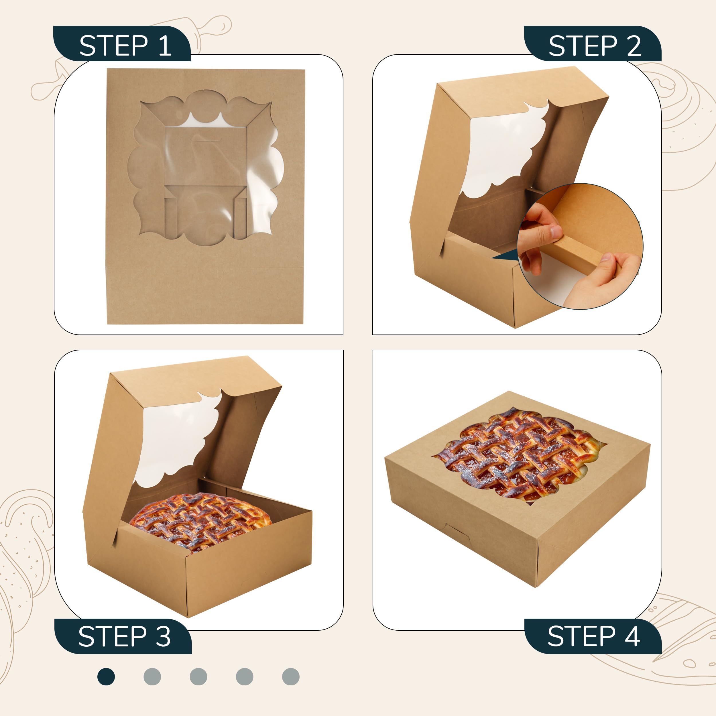 30 Pack Pie Boxes with Window 10x10x3 in Bakery Boxes Perfect for Pies, Cheesecake, Cookies, Muffins and Chocolate Covered Strawberries (Brown)