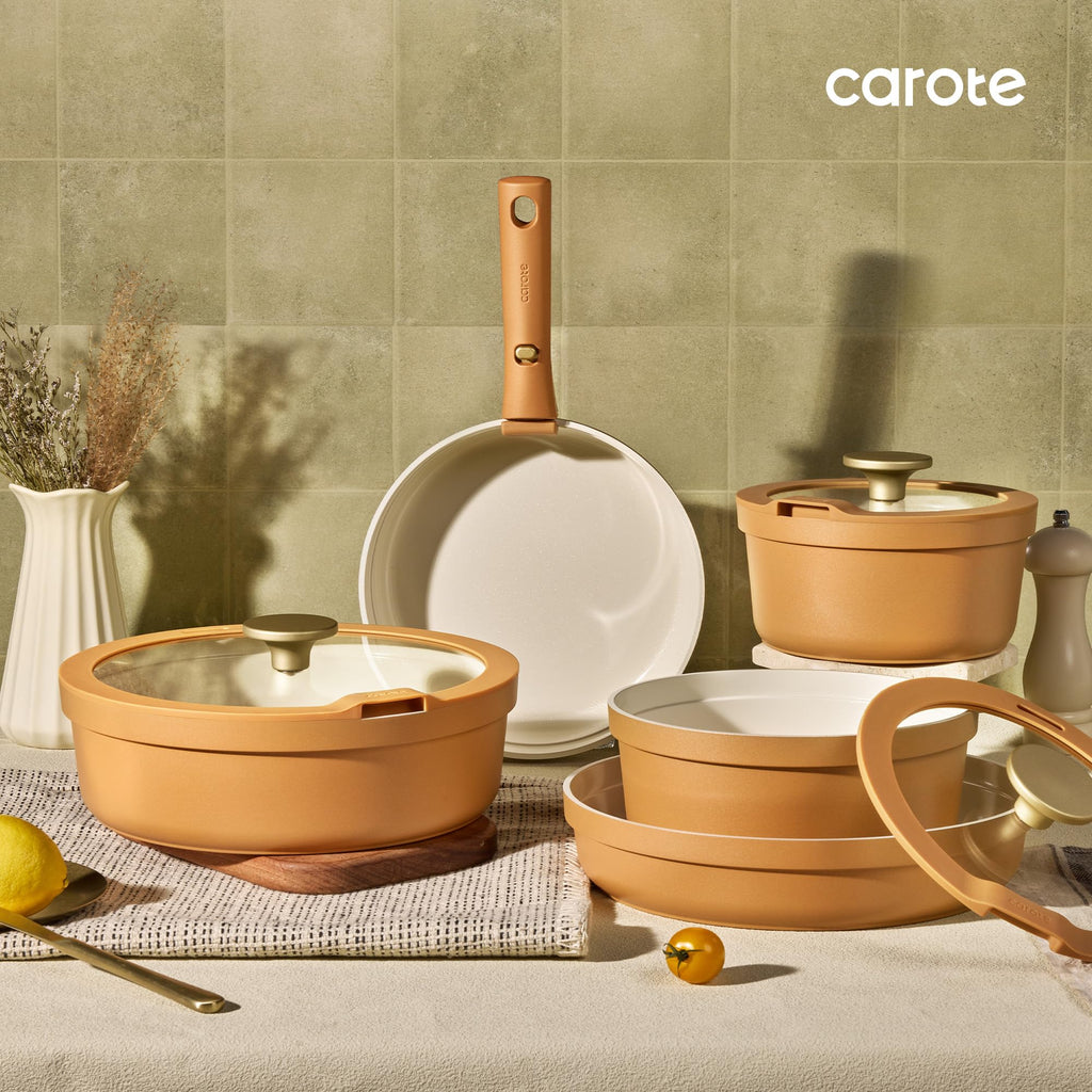 Carote 20pcs Ceramic Cookware Set with Detachable Handles, Pots and Pans Set Non Stick, RV Kitchen Cooking Pot and Pan, Dishwasher Safe, Non-toxic Induction Cookware PFAS and PFOA Free, Grey