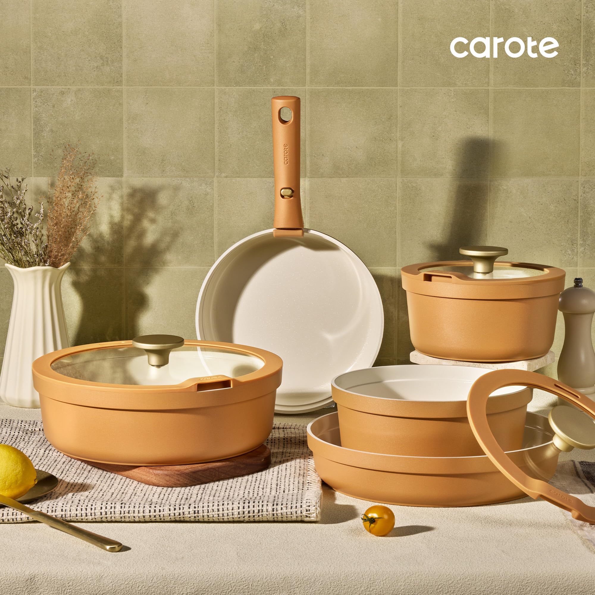 Carote 20pcs Ceramic Cookware Set with Detachable Handles, Pots and Pans Set Non Stick, RV Kitchen Cooking Pot and Pan, Dishwasher Safe, Non-toxic Induction Cookware PFAS and PFOA Free, Grey