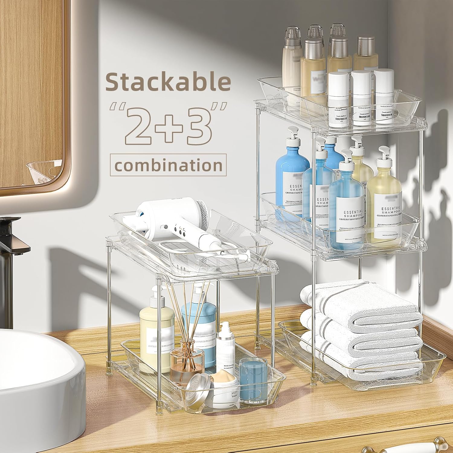 2 Pack Bathroom Cabinet Organizer, 2 Tier Clear Under Sink Organizers and Storage Medicine Cabinet Organizer with Dividers, Pull Out Kitchen Pantry Shelf Cupboard Closet Vanity Organization Bins