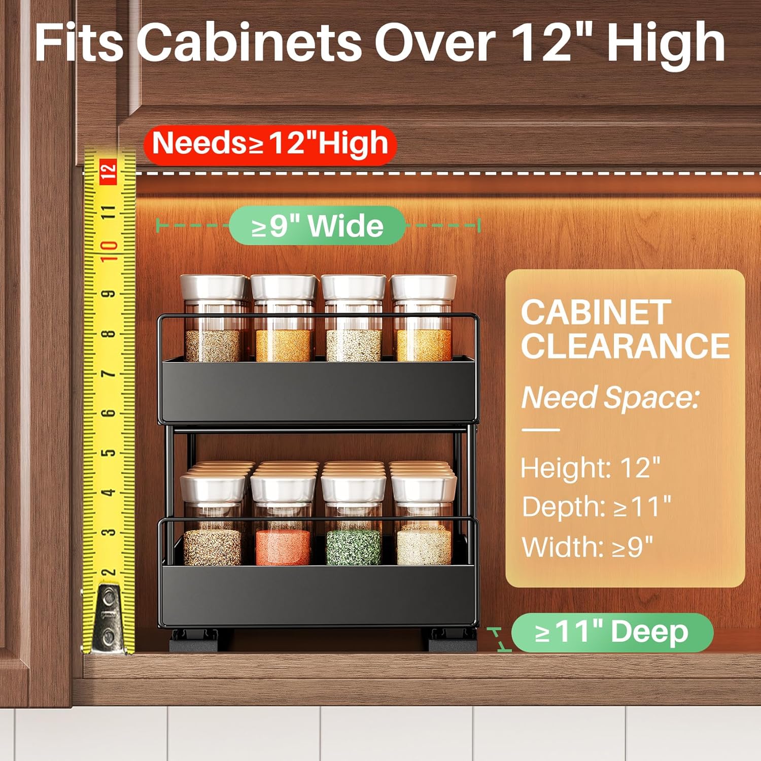 Pull Out Spice Rack Organizer for Large Upper Cabinet, Easy to Install, Drill-Free, Cabinet Requires- Clearance Height > 12 inch, Width>9 inch, Depth> 11 inch - (1 Pack), Dimensions 8.2"Wx10.2"Dx6.9"H