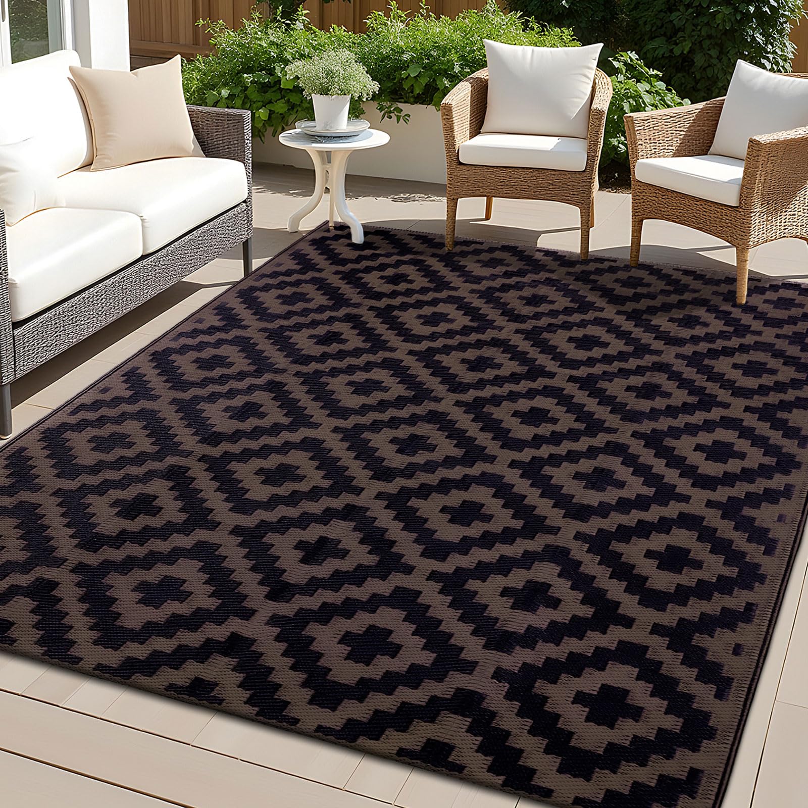 OLANLY Waterproof Outdoor Rug 5x8 ft, Outdoor Plastic Straw Rug for Camping, RV Mat Outside, Indoor Outdoor Carpet for Porch, Deck, Backyard, Balcony, Picnic, Black & White