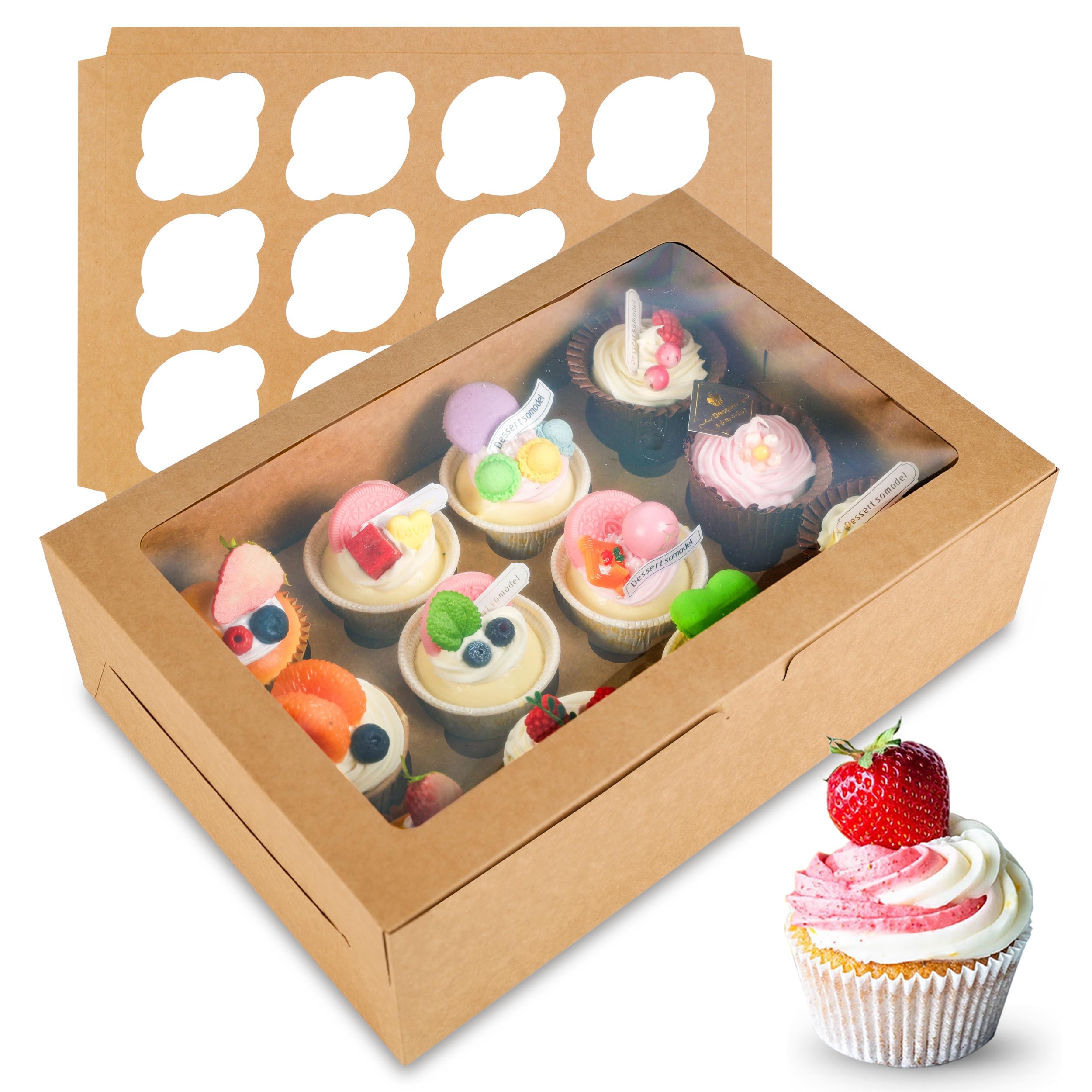 6 Pack Cupcake Boxes, 12 Count Cupcake Containers with Window and Cardborad, Food Grade Cupcake Carrier For Muffins Cupcakes Desserts (White 13.8×9.5×4 In)