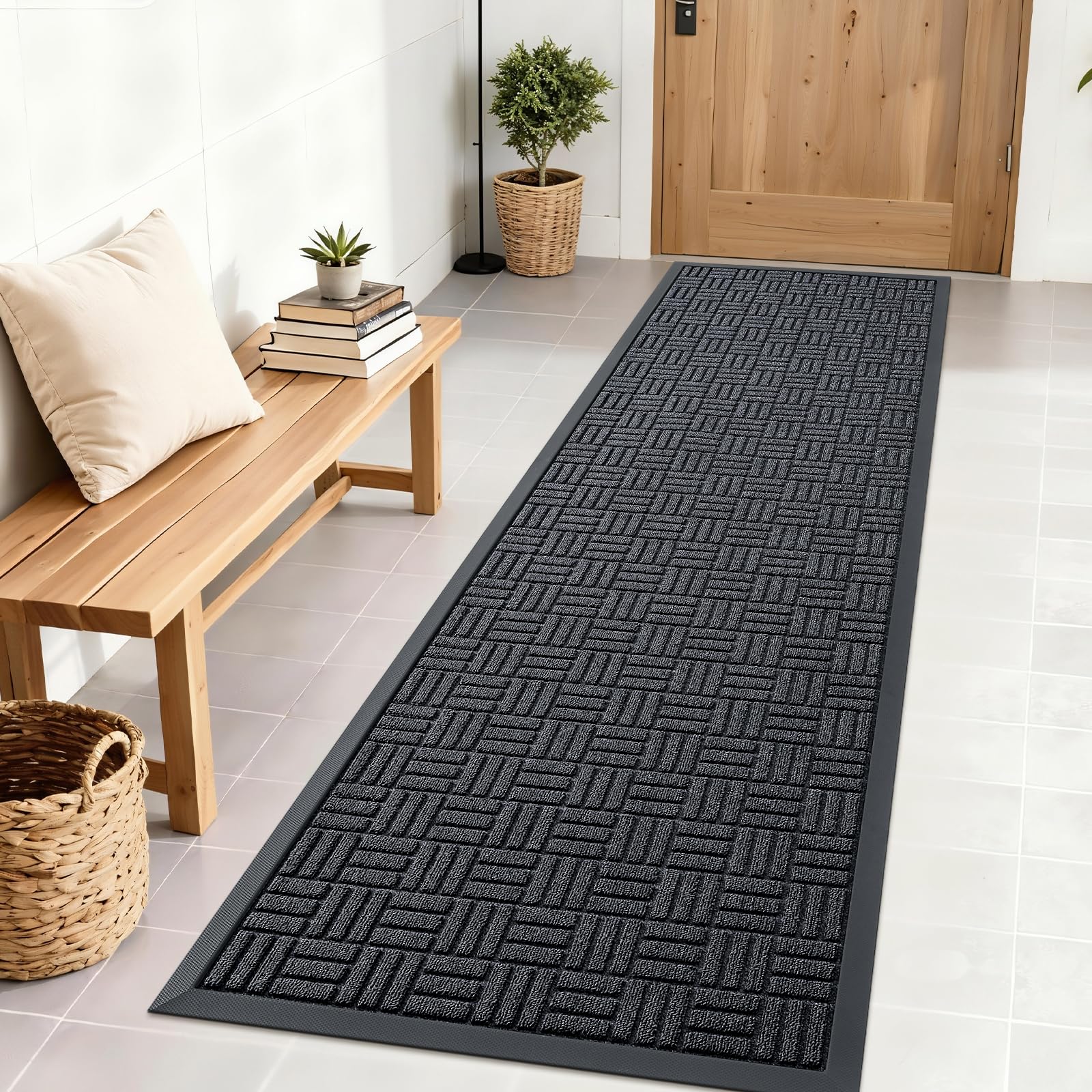 OLANLY Front Door Mat Outside Entrance 29.5x17, Absorbent, Heavy Duty Sturdy Natural Rubber Doormat Indoor Outdoor, Stain and Fade Resistant, Non-Slip Backing Low Profile Floor Mat for Entryway, Grey
