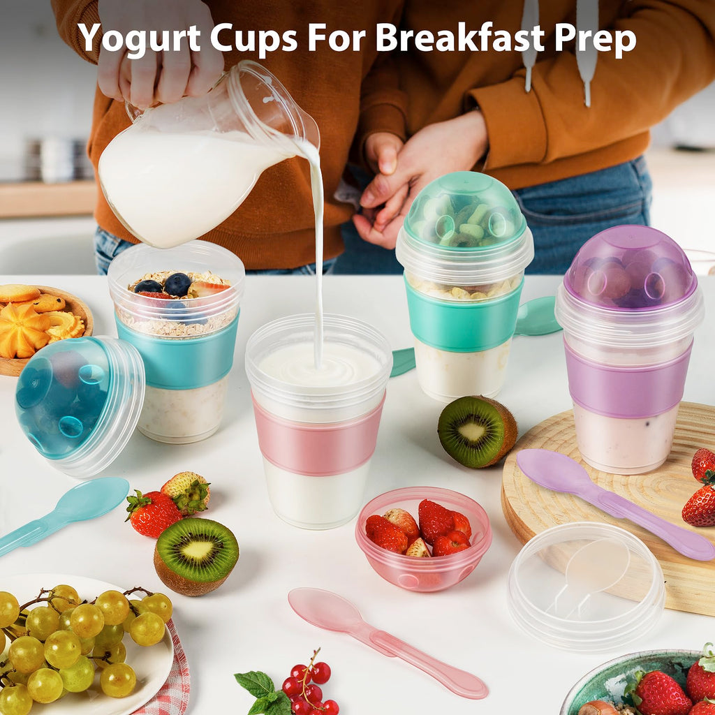 Freshmage Yogurt Parfait Cups with Lids, 2 Pack 20 oz Reusable Overnight Oats Containers with Lids, Topping Compartment & Spoon to Go for Breakfast Meal Prep, Portable & Lightweight (Blue&Green)
