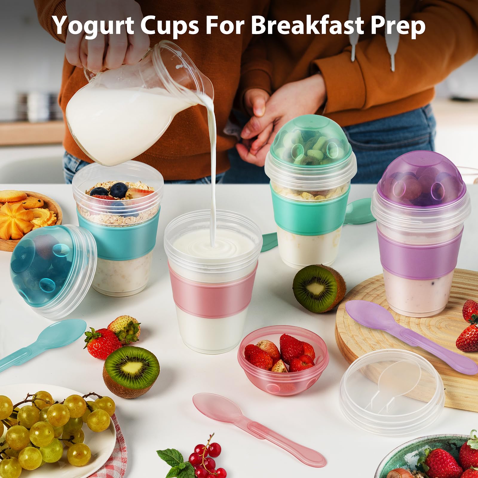Freshmage Yogurt Parfait Cups with Lids, 2 Pack 20 oz Reusable Overnight Oats Containers with Lids, Topping Compartment & Spoon to Go for Breakfast Meal Prep, Portable & Lightweight (Blue&Green)