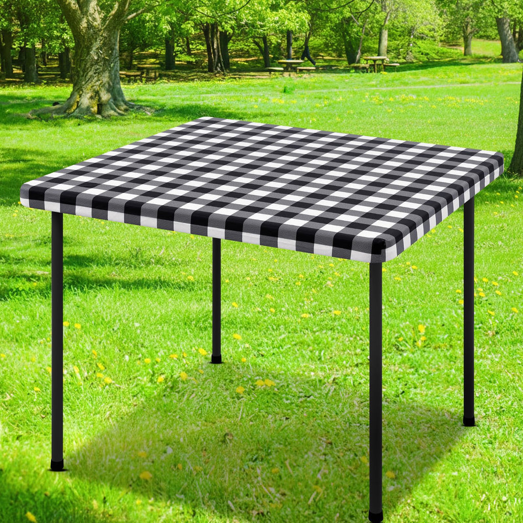 Smiry Rectangle Picnic Table Cloth, Elastic Waterproof Fitted Vinyl Tablecloths, Flannel Backed Buffalo Plaid Table Covers for Dining, Camping, Outdoor (Black and White, 30" x 72")
