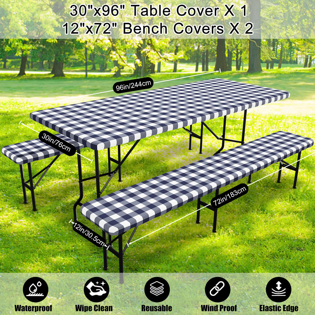 Smiry Picnic Table Cover with Bench Covers, Waterproof Elastic Fitted Tablecloths for 6 Foot Rectangle Tables, Washable Buffalo Plaid Tablecloth for Camping, Outdoor (Black & White, 30"x72")