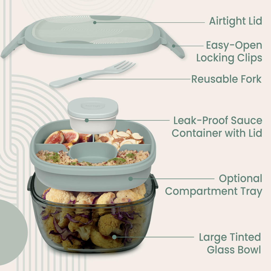 Bentgo Glass Salad Container - 7.6-Cup Salad Bowl with Airtight Lid, Leak-Proof Sauce Container, 4-Compartment Bento Tray & Reusable Fork - BPA-Free for Meal Prep, Office & More (Lavender)