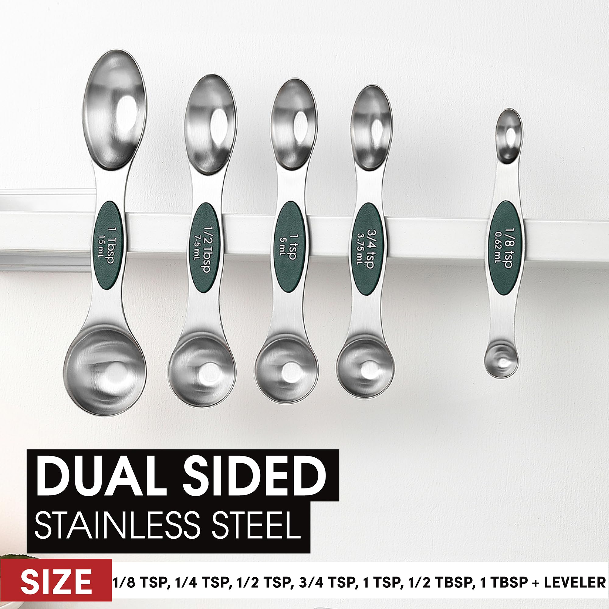 Spring Chef Stainless Steel Magnetic Measuring Spoons Set with Strong N45 Magnets, Heavy Duty Metal Kitchen Gadgets for Baking & Cooking, Fits in Most Kitchen Spice Jars, Set of 8 with Leveler, Black