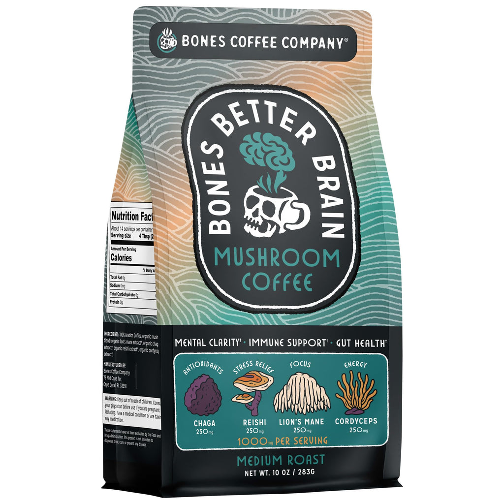 Bones Coffee Company Better Brain Mushroom Coffee - Medium Roast Low Acid Arabica Beans - Ground or Whole Bean - Reishi, Chaga, Lion's Mane, Cordyceps Mushroom Blend - 10 Oz