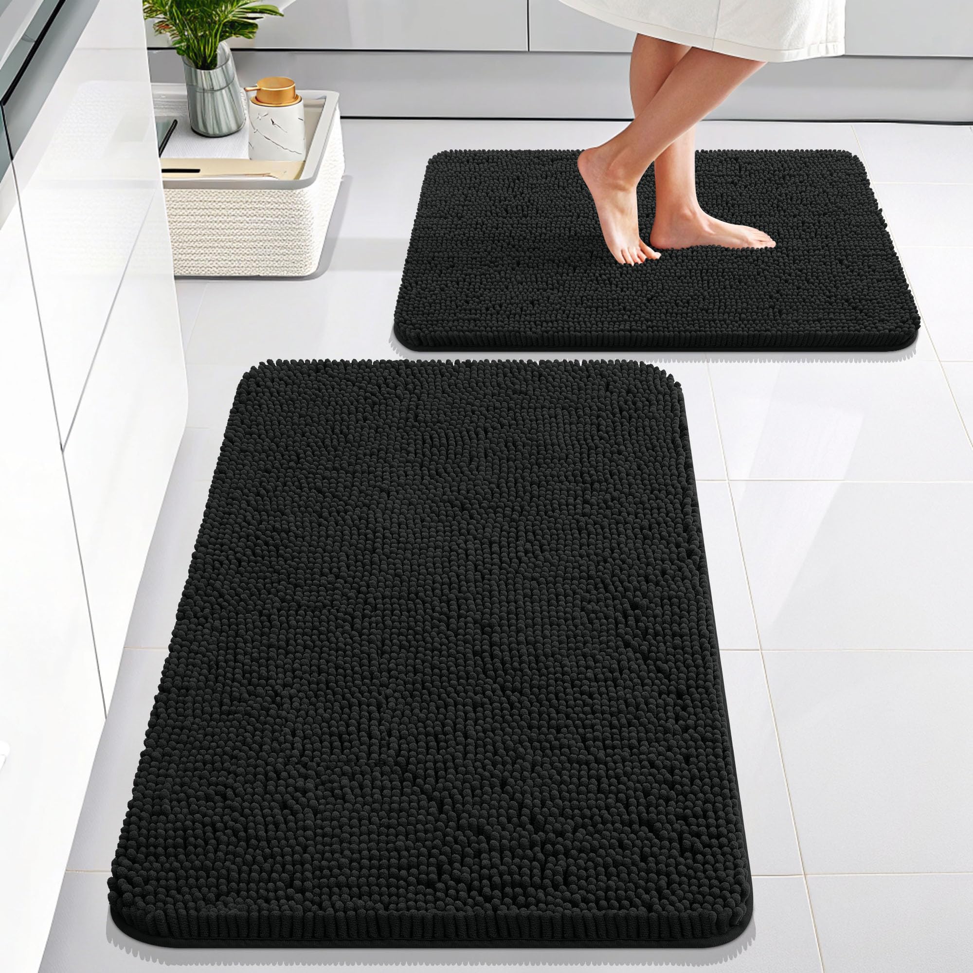 OLANLY Bathroom Rugs Sets 2 Piece, Soft Absorbent Chenille Bath Mats and U-Shaped Contour Toilet Mat Area Rug Set, Machine Washable Bath Carpet, Home Decor Accessories(30"x20"+24"x20", Grey)