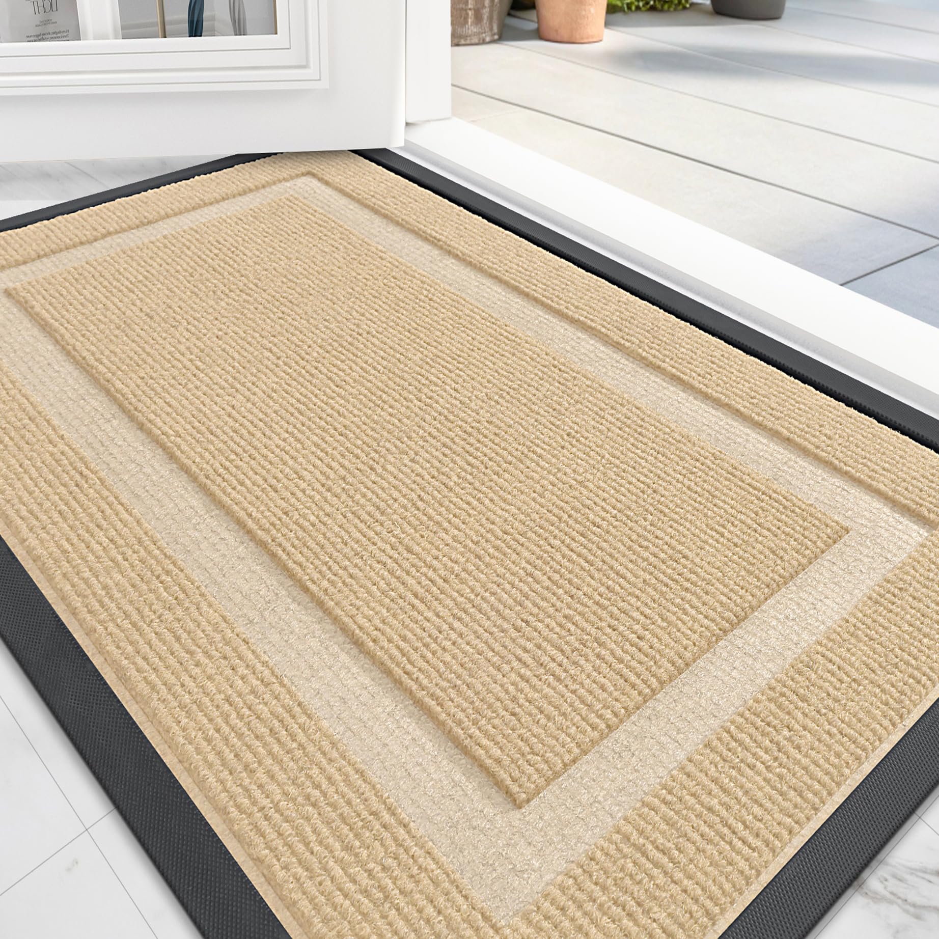 OLANLY Front Door Mat Indoor Outdoor Entrance, Waterproof All-Season, All-Weather Doormat, Sturdy Natural Rubber, Fade Resistant, Low Profile, Easy Clean Patio Porch Entryway Mat, 29.5x17, Black