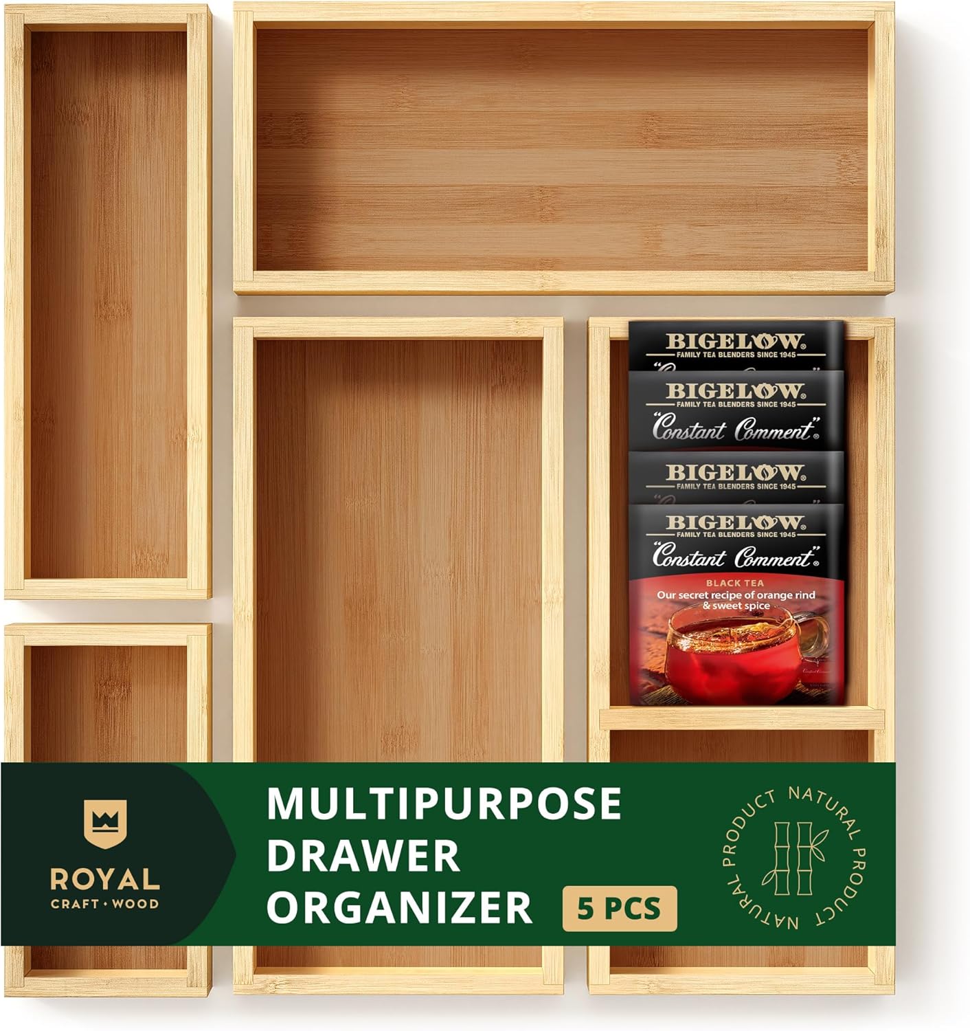 ROYAL CRAFT WOOD Adjustable Bamboo Drawer Dividers Organizers (17-22") - Multipurpose Storage Boxes 5 pcs
