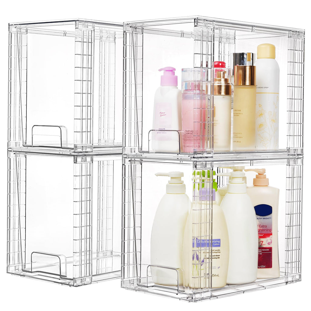 Vtopmart 4 Pack Stackable Storage Drawers,Clear Acrylic Drawer Organizers with Handles, Easily Assemble for Fridge, Bathroom,Kitchen Undersink,Cabinet,Pantry Organization and Storage