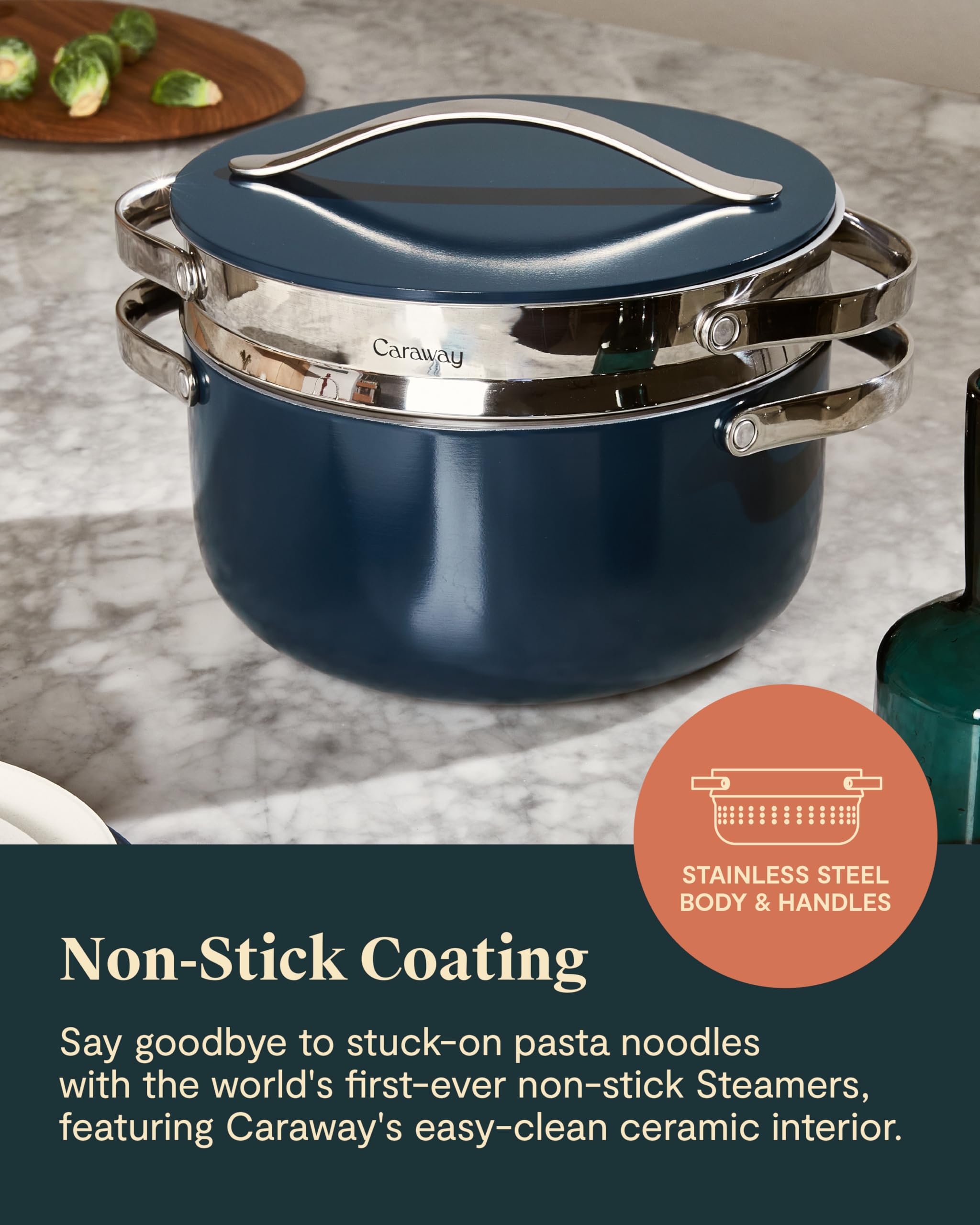 Caraway Steamer - Stainless Steel Steamer with Handles - Non Stick, Non Toxic Coating - Steam Veggies, Seafood, and More - Compatible With Our Dutch Oven or Sauce Pan - Small