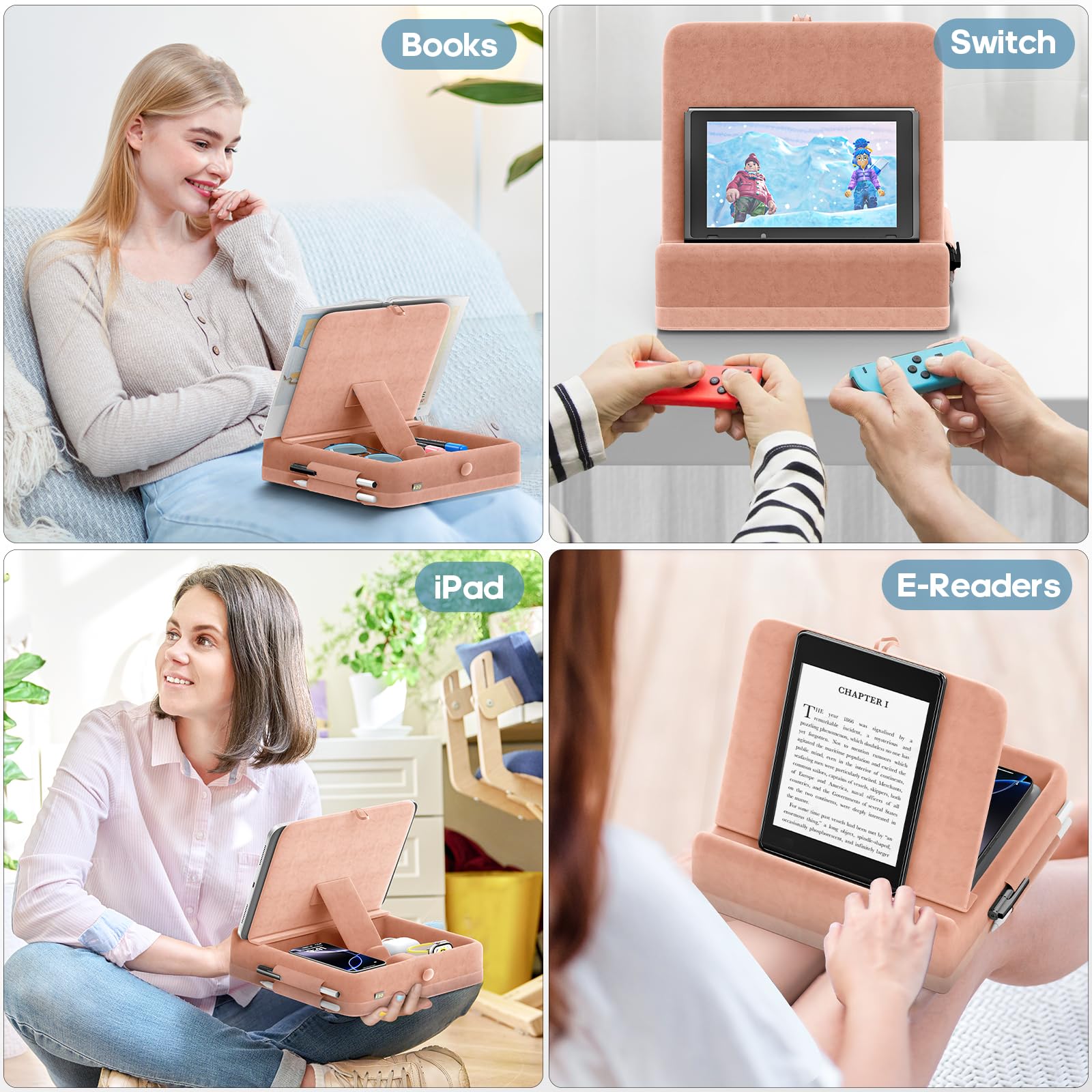 KDD Tablet Pillow Stand with Storage, Foldable iPad Holder for Bed, Lap and Desk, Angle Adjustable Soft Pad Dock with Stylus Mount Compatible with Ipad Pro 12.9, 10.5, 11, Air, Mini, Phones, Books