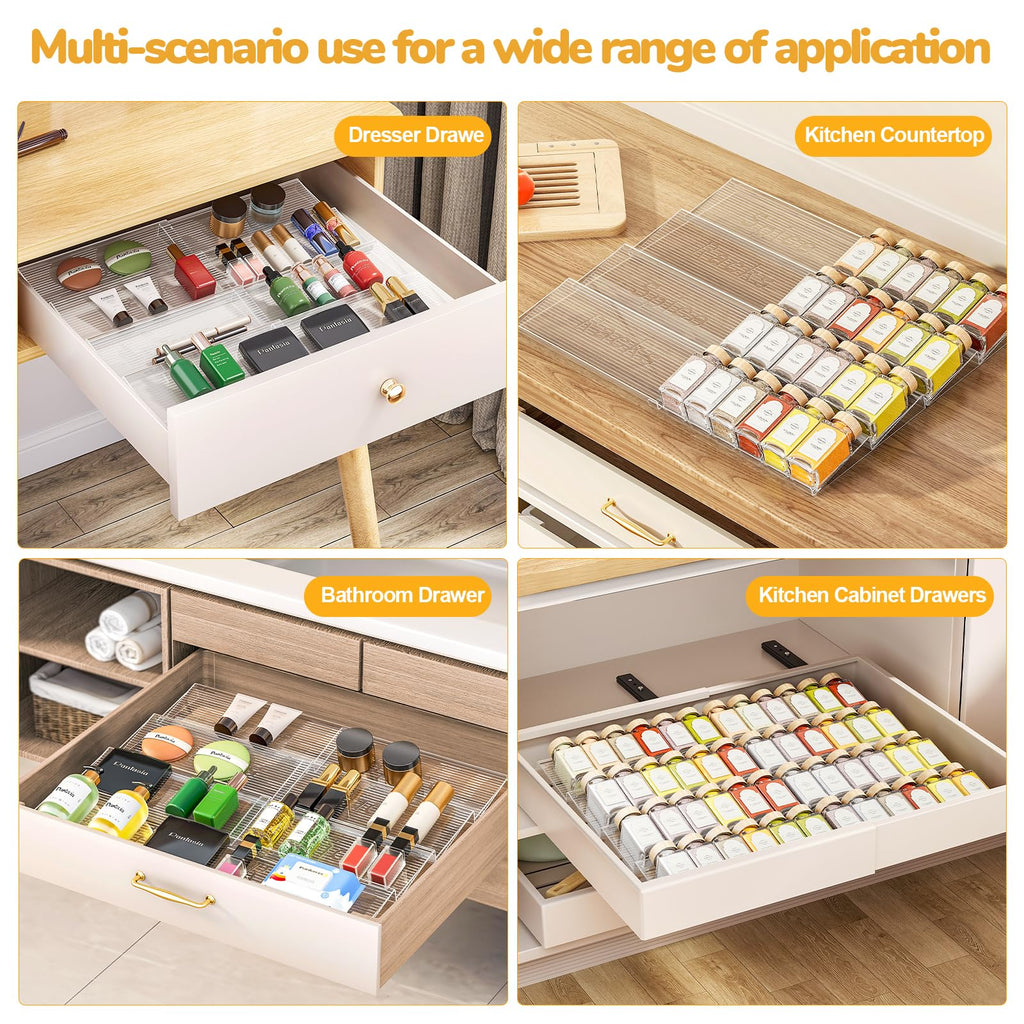 2-Tier Spice Drawer Organizer 4 Pack, Expandable from 11" to 22" Clear Acrylic Spice Rack for Drawer, Seasoning Organizer Holds Up to 48 Jars for Kitchen Spice Organization(Jars Not Included)