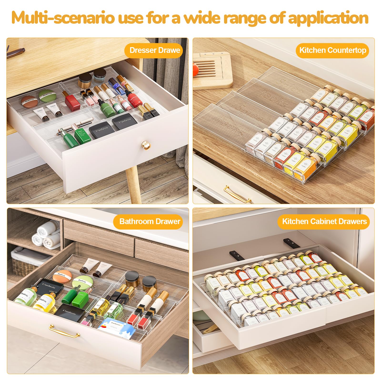 2-Tier Spice Drawer Organizer 4 Pack, Expandable from 11" to 22" Clear Acrylic Spice Rack for Drawer, Seasoning Organizer Holds Up to 48 Jars for Kitchen Spice Organization(Jars Not Included)
