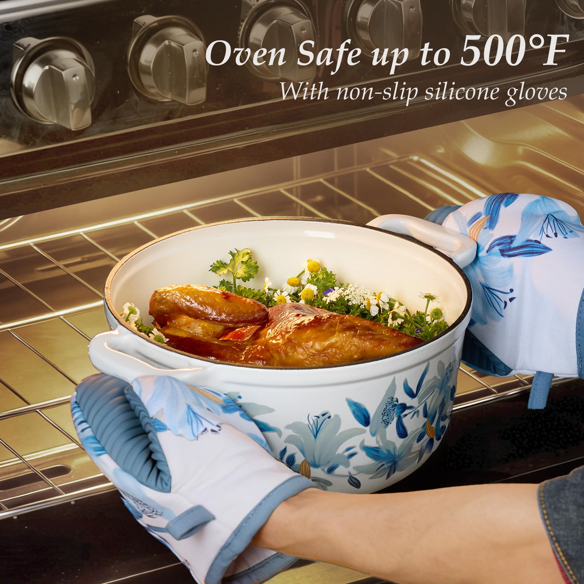 CAROTE 5 QT Cast Iron Dutch Oven Pot with Lid, Enameled Floral Dutch Ovens with Cotton Potholders & Oven Gloves, Gift Box, Cast Iron Pot for Sourdough Bread Baking, Braising, Stews, Roasting, Dual Handles, All Stovetop Compatible, Oven Safe up to 500° F,