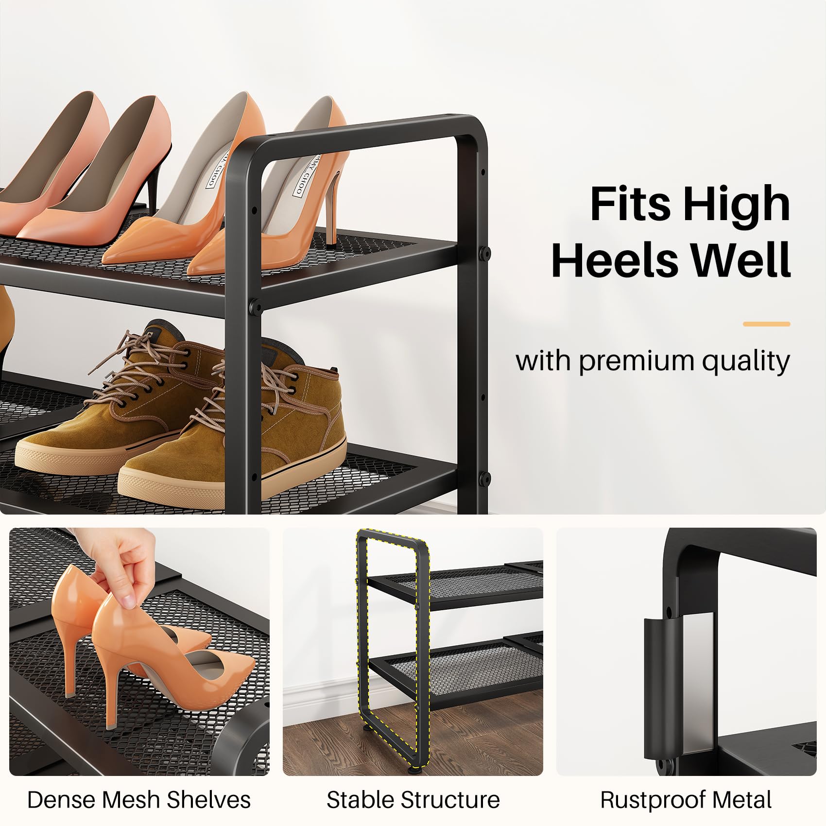 SNTD Shoe Rack - Expandable Shoe Organizer for Closet, Adjustable Metal Shoe Shelf Storage, Stackable Long Shoe Stand Holder for Garage, Entryway, Door Entrance (Black, 2-Tier)