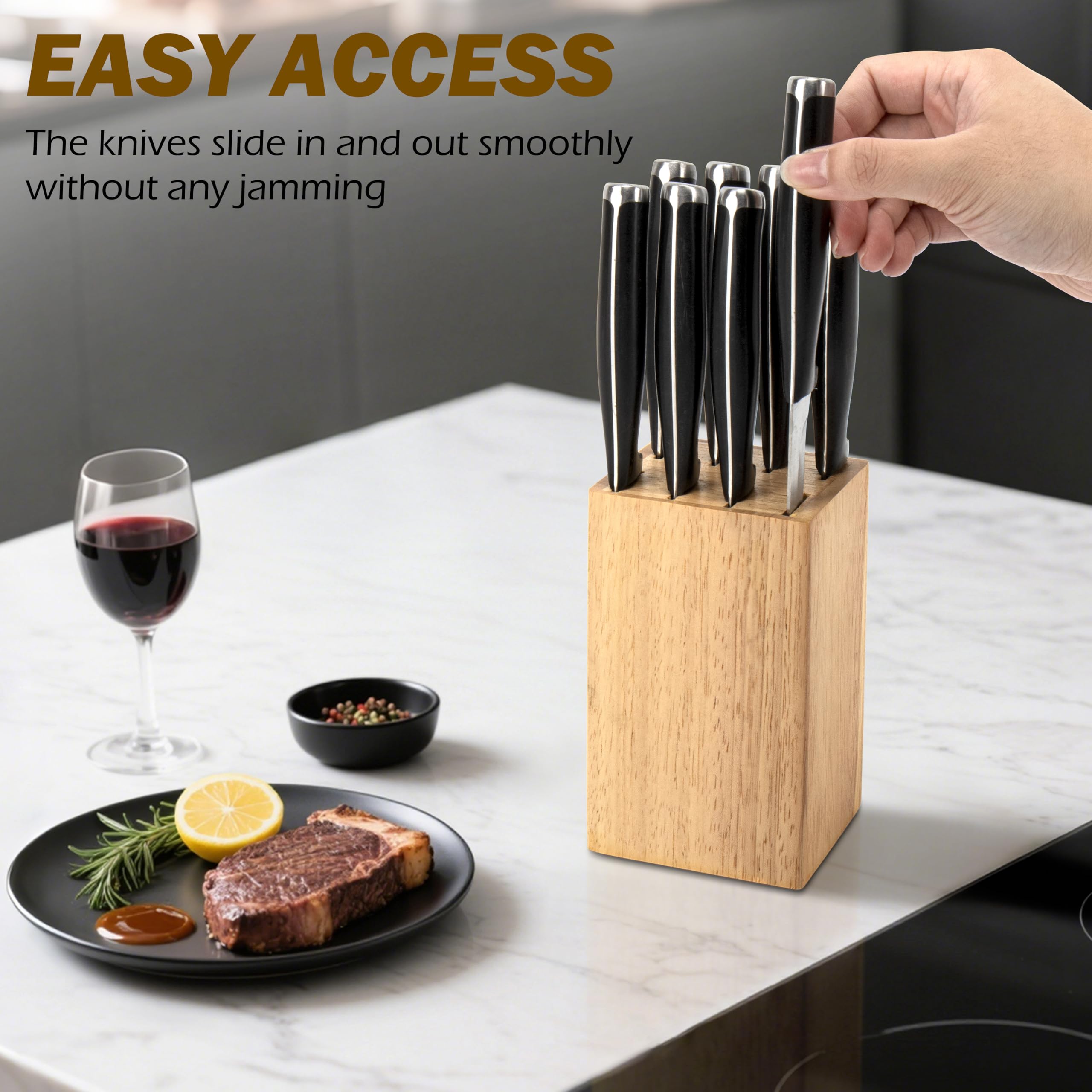 8 Slots Steak Knife Block Holder, 5.5" Wooden Small Knife Block without Knives,Compact and Space Saving Storage Knife Holder for Counter Top (Natural-1)