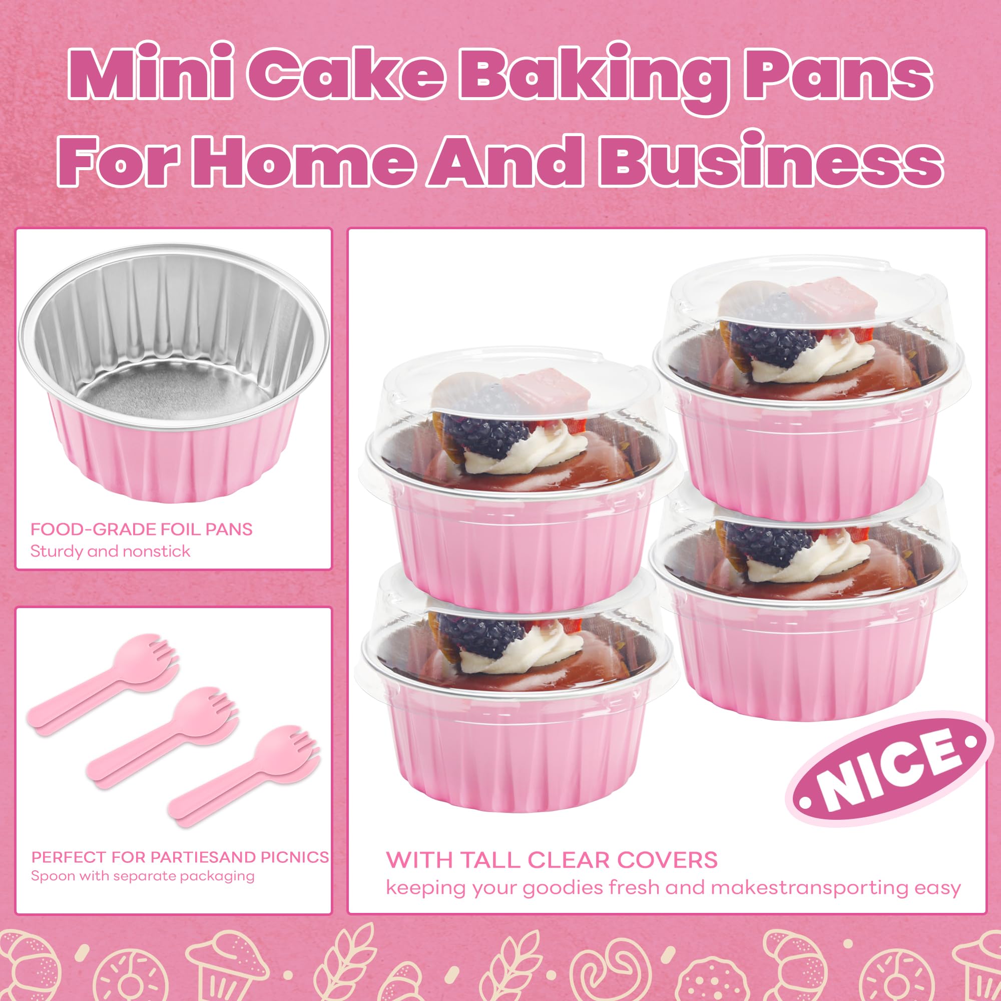 5 OZ Mini Loaf Pans with Lids Mini Cake Pans Baking Cups Disposable Ramekin for Cupake Pudding Party Wedding Birthday(50 Pack, Pink)