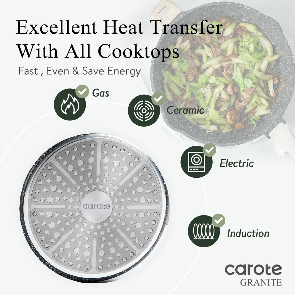 CAROTE 12Inch Nonstick Deep Frying Pan with Lid, 5.5 Qt Jumbo Cooker Saute Pan with Pour Spout, Skillet Induction Cookware, Non Stick Cooking Pan Kitchen Pan PFOA Free, White Granite
