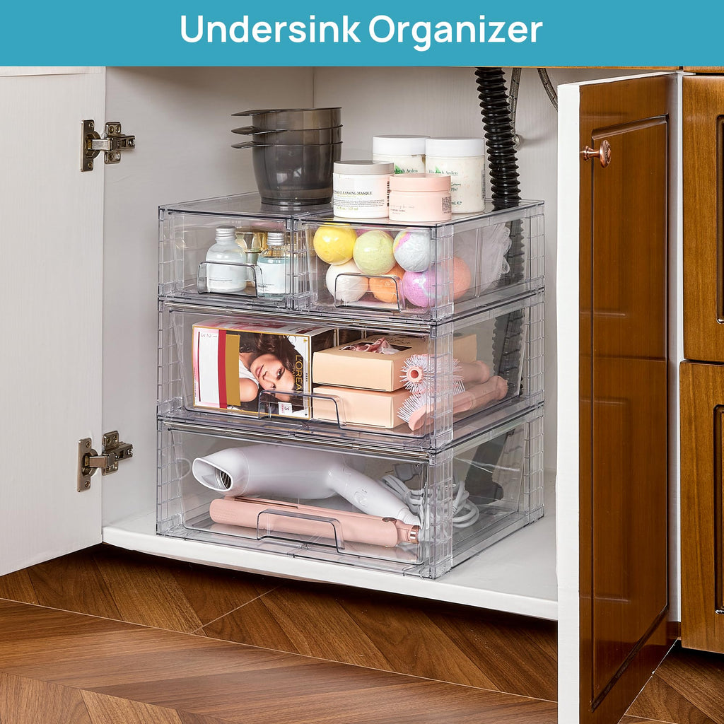 Vtopmart 3 Pack Stackable Storage Drawers, Easily Assemble Acrylic Bathroom Undersink Organizers,Clear Plastic Storage Bins for Closet,Cabinet,Pantry,Medicine Organization