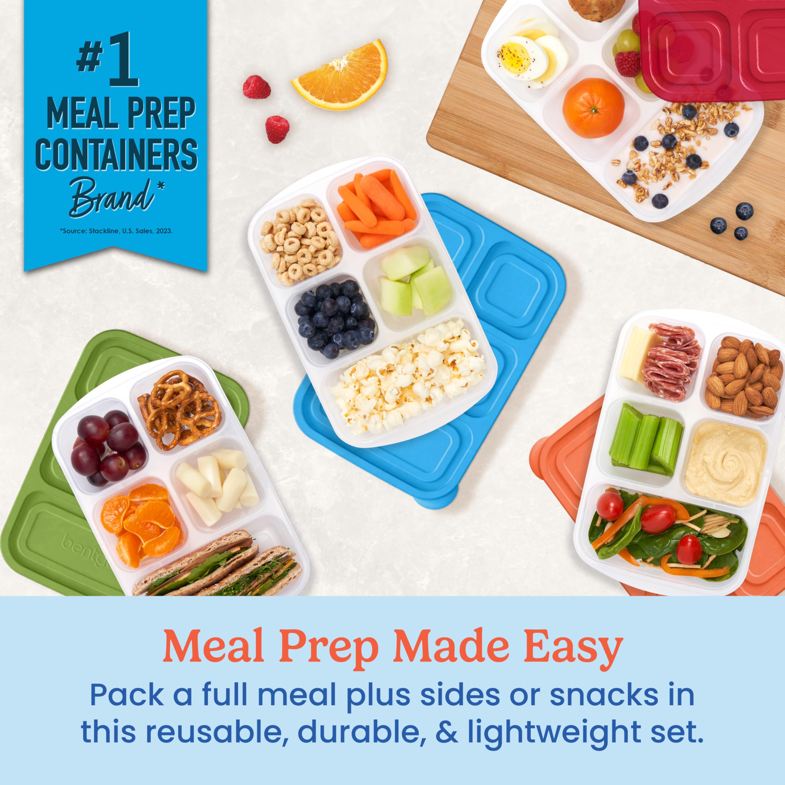 Bentgo Easyboxes - Reusable 5-Compartment Food Containers, Stackable 8-Piece Set, 4 Trays & 4 Lids, BPA-Free Food Storage for Meal Prep, School, & Work; Lunch Boxes w/Patented Design (Jewel Brights)