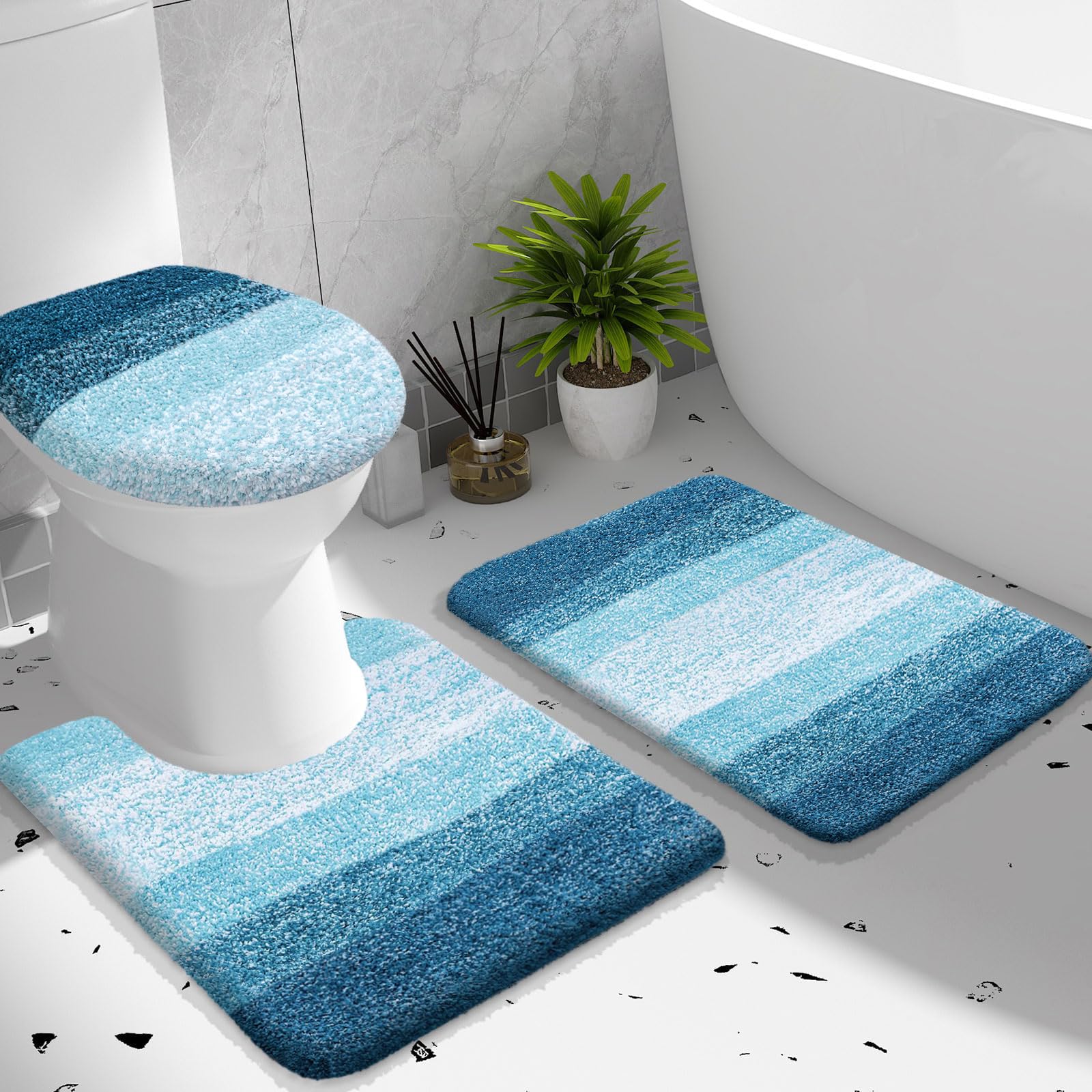 OLANLY Bathroom Rugs Sets 3 Piece, Soft Microfiber Absorbent Bath Mat, U-Shaped Contour Toilet Mat and Toilet Lid Cover, Quick Dry, Machine Washable, Toilet Cover and Rug Set for Bathroom, Grey