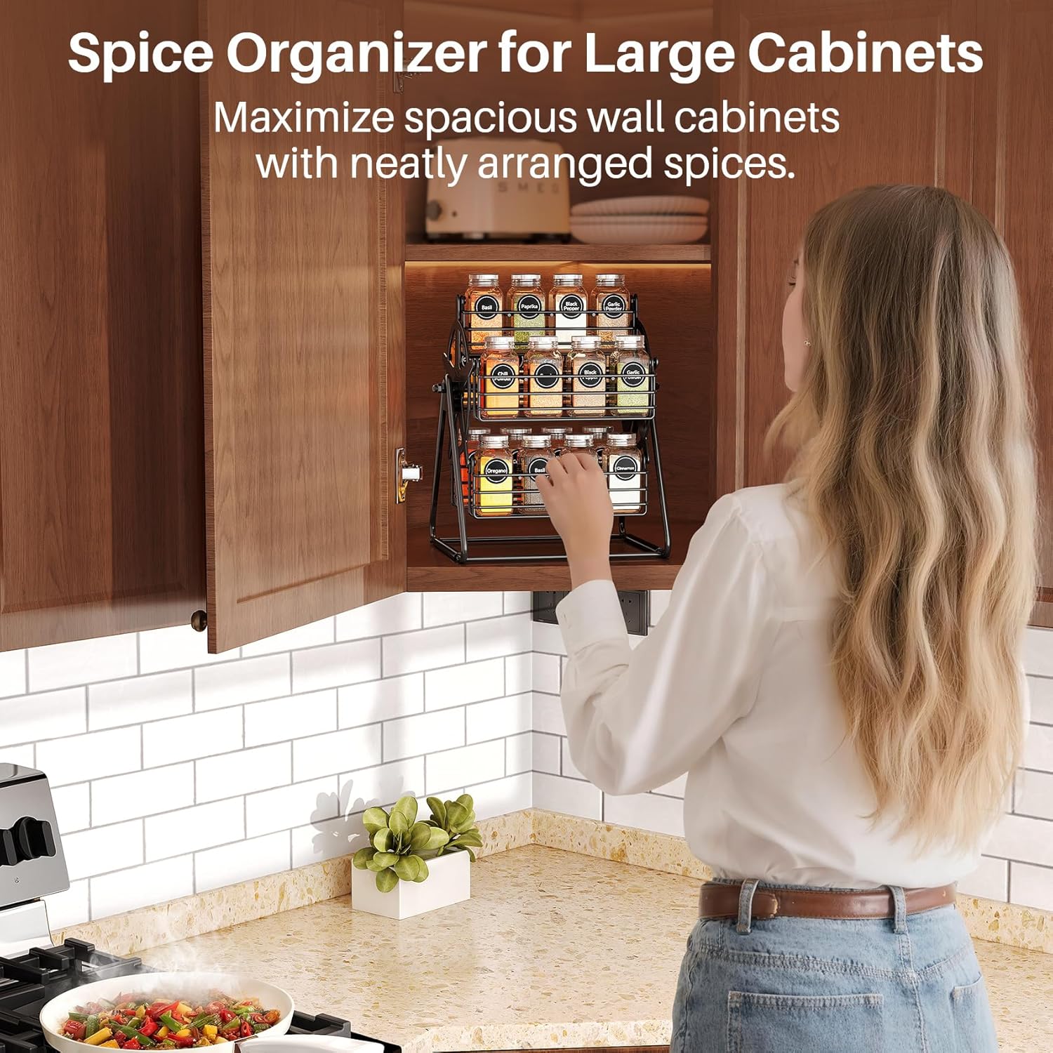 Rotating Spice Rack Organizer for Large Cabinets Kitchen Countertop with Thicken Spice Jars and Labels, Spinning Like Ferris-Wheel, Metal (M)