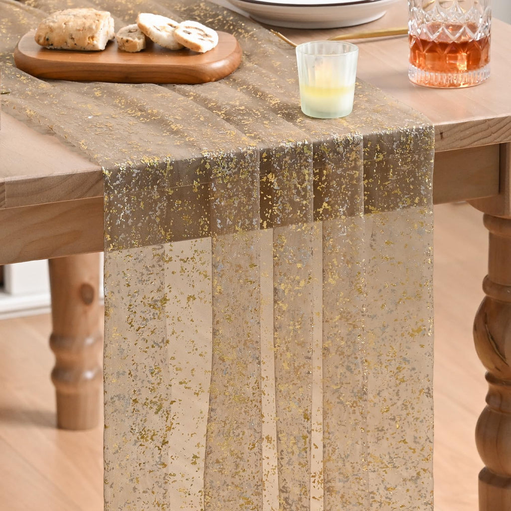 Artoid Mode Beige Gold Gauze Table Runner 120 Inch 10FT, Glitter Metallic Foil Sheer Dining Wedding Anniversary Holiday Birthday Table Decor for Home Party