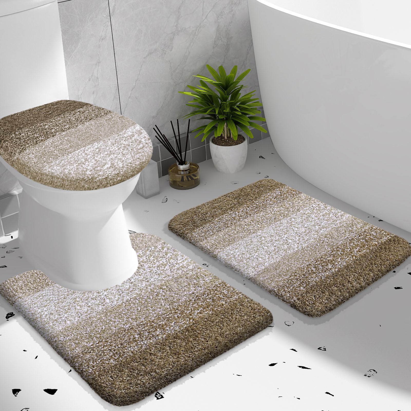 OLANLY Bathroom Rugs Sets 3 Piece, Soft Microfiber Absorbent Bath Mat, U-Shaped Contour Toilet Mat and Toilet Lid Cover, Quick Dry, Machine Washable, Toilet Cover and Rug Set for Bathroom, Grey