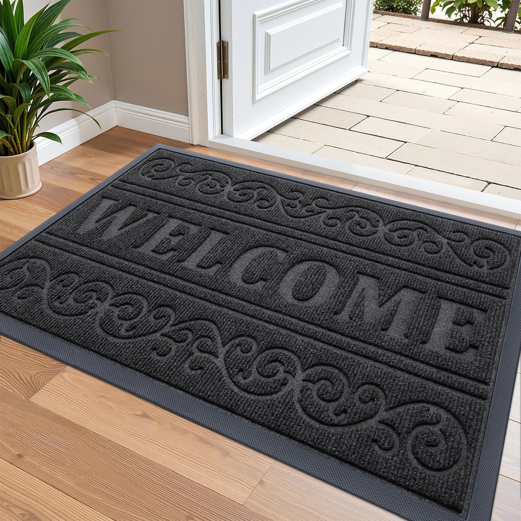 OLANLY Front Door Mat Outside Entrance 29.5x17, Absorbent, Heavy Duty Sturdy Natural Rubber Doormat Indoor Outdoor, Stain and Fade Resistant, Non-Slip Backing Low Profile Floor Mat for Entryway, Grey