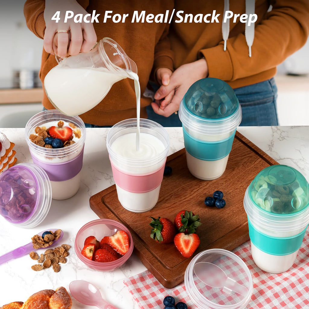 Freshmage Yogurt Parfait Cups with Lids, 2 Pack 20 oz Reusable Overnight Oats Containers with Lids, Topping Compartment & Spoon to Go for Breakfast Meal Prep, Portable & Lightweight (Blue&Green)