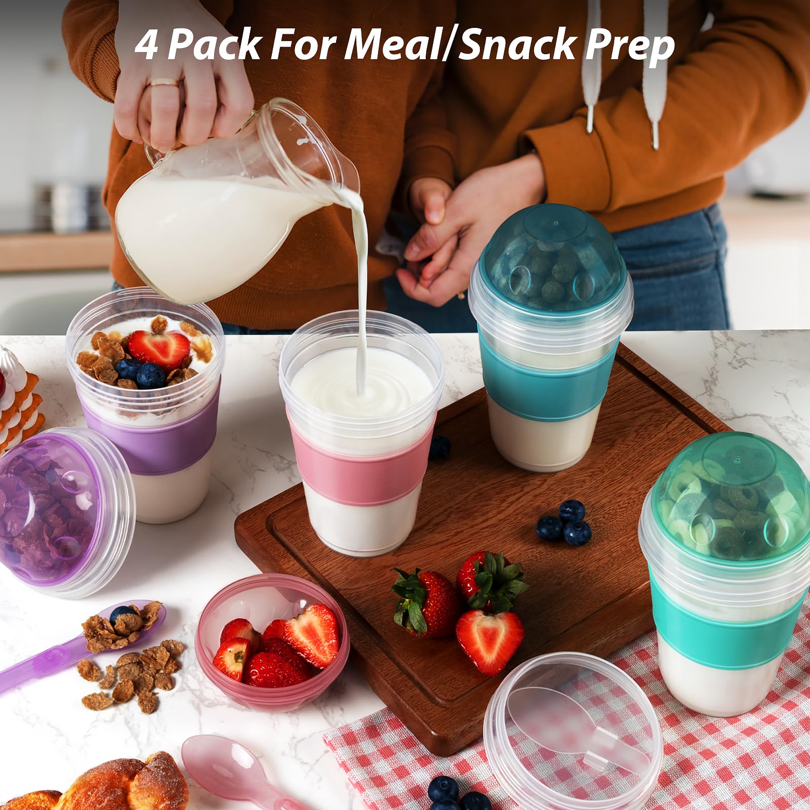 Freshmage Yogurt Parfait Cups with Lids, 2 Pack 20 oz Reusable Overnight Oats Containers with Lids, Topping Compartment & Spoon to Go for Breakfast Meal Prep, Portable & Lightweight (Blue&Green)