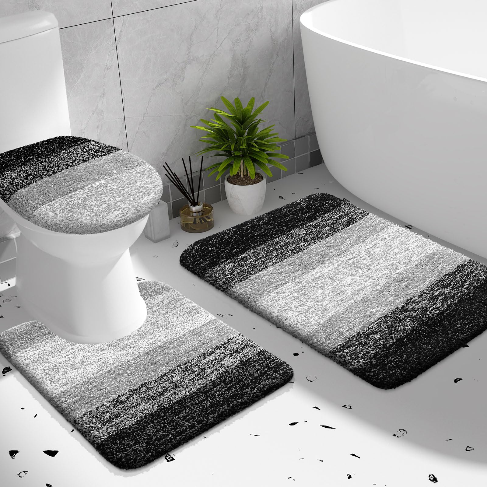 OLANLY Bathroom Rugs Sets 3 Piece, Soft Microfiber Absorbent Bath Mat, U-Shaped Contour Toilet Mat and Toilet Lid Cover, Quick Dry, Machine Washable, Toilet Cover and Rug Set for Bathroom, Grey