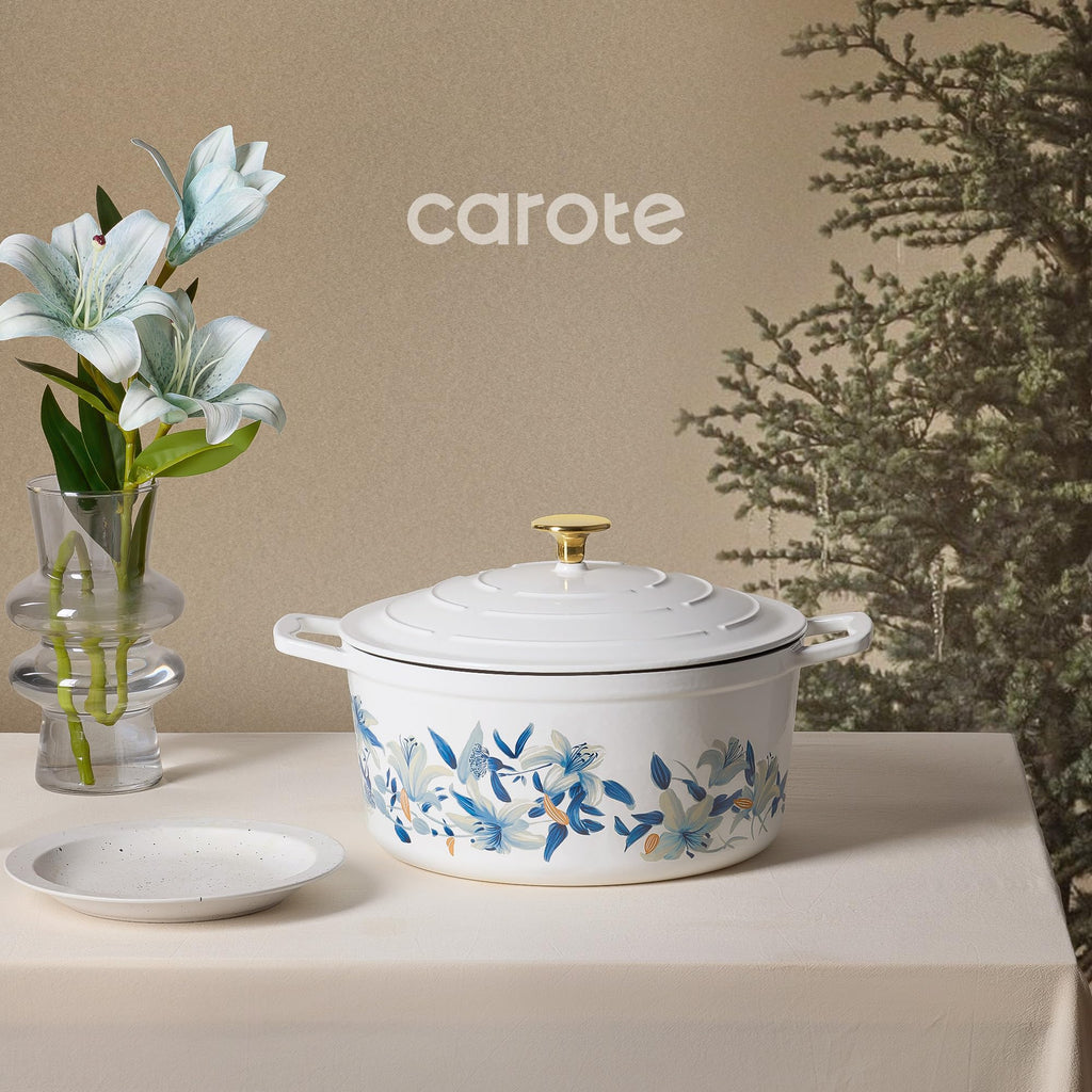 CAROTE 5 QT Cast Iron Dutch Oven Pot with Lid, Enameled Floral Dutch Ovens with Cotton Potholders & Oven Gloves, Gift Box, Cast Iron Pot for Sourdough Bread Baking, Braising, Stews, Roasting, Dual Handles, All Stovetop Compatible, Oven Safe up to 500° F,