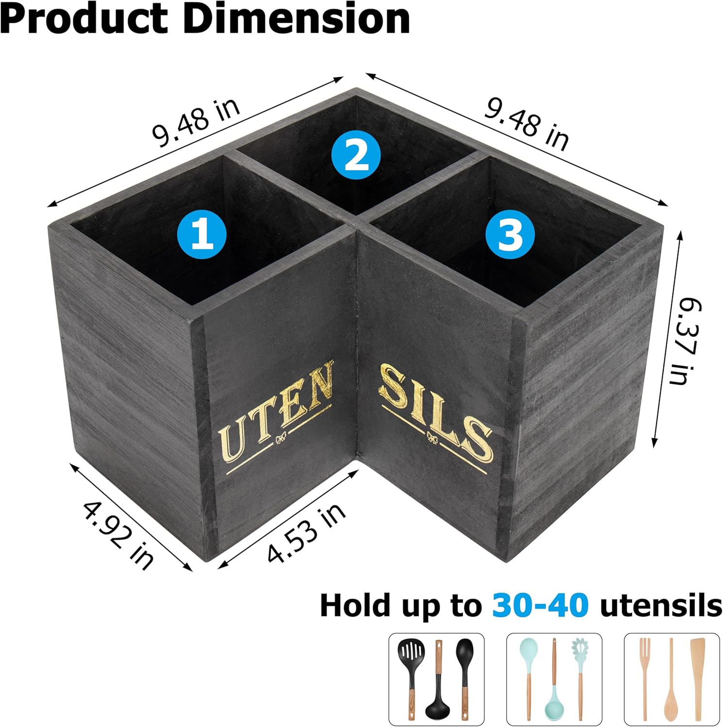 RedCall Kitchen Utensils Holder,Extra Large 3 Compartments Corner Utensil Caddy for Countertop,Wooden Farmhouse Utensil Organizer