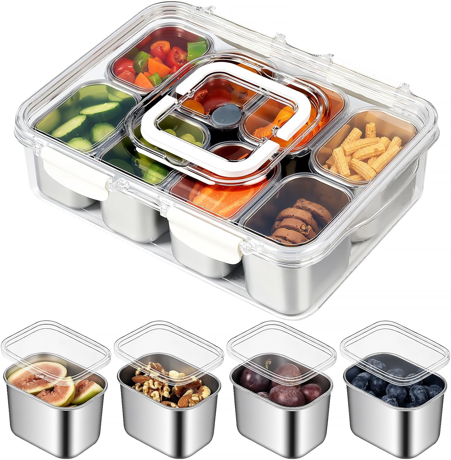 Snackle Box Container, Stainless Steel Divided Serving Tray with Lid and Handle, 8 Compartment Portable Snack Platters - Clear Storage Organizer for Fruit Candy Nuts Veggie - Perfect for Travel Party